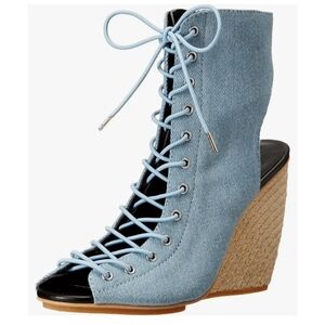 Rebecca Minkoff Elle Light Denim Espadrille Wedge Peep Toe Heeled Booties Size 8